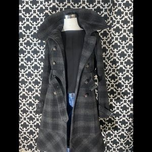 Miss Sixty Black and Grey Plaid Long Wool Peacoat
